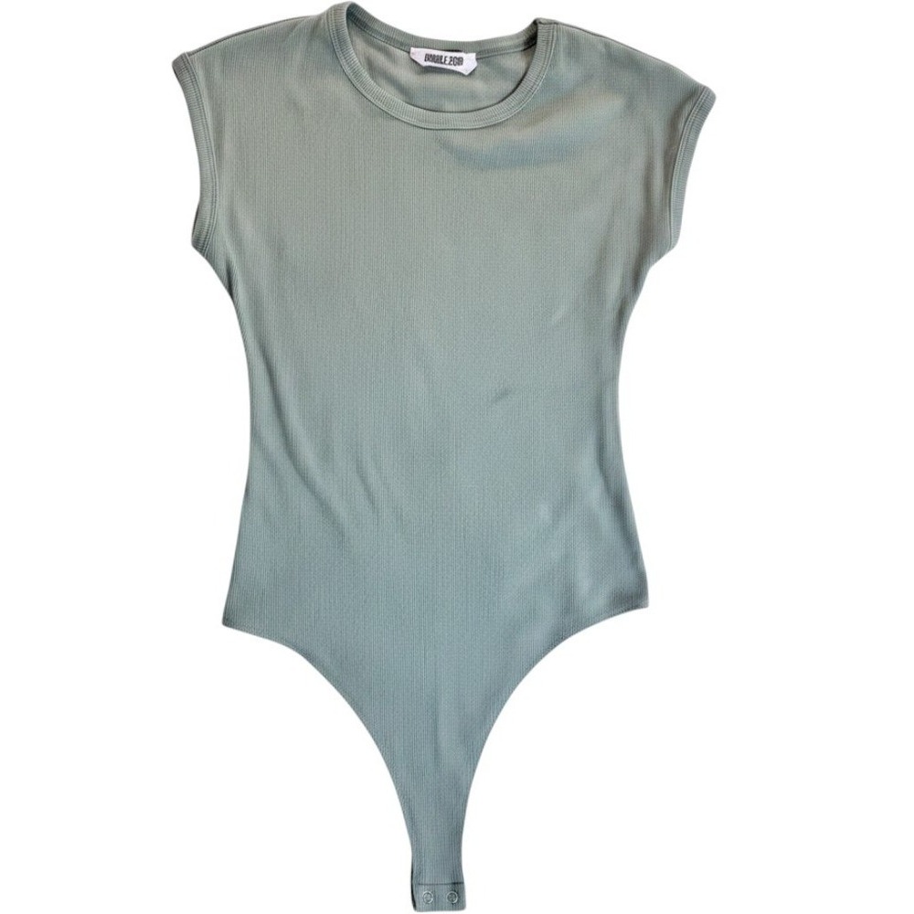 Double Zero Ribbed Knit Bodysuit Medium Sage Green Sleeveless Crew Neck Thong